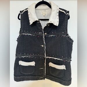 POL Multi Color Faux Pearl Studded Perforated Denim Vest